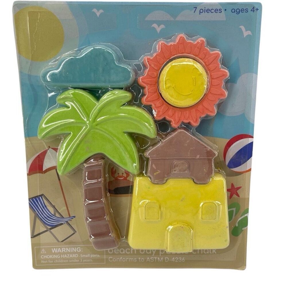 Kids Beach Day 7-Piece Puzzle Chalk Set – Palm Tree, Sun, Cloud & Sandcastle